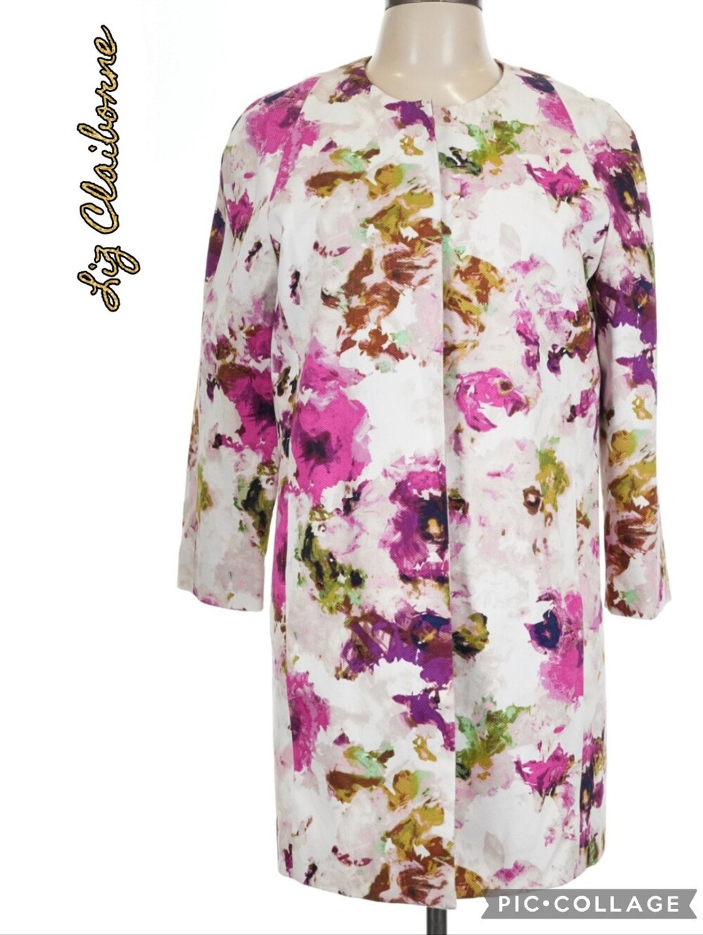 Liz Claiborne open front coat white floral watercolor 97% cotton fully lined
